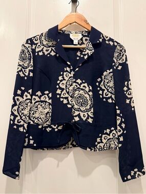 Talbots Navy and Cream Silk Printed Button-Up Blouse
